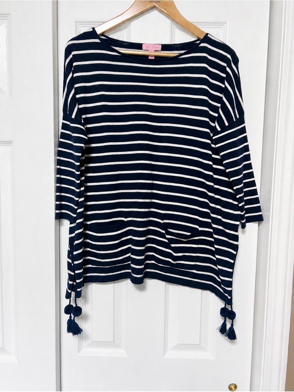 Lilly Pulitzer Elba Striped Tassel Poncho Sweater Oversized Tunic Navy White S